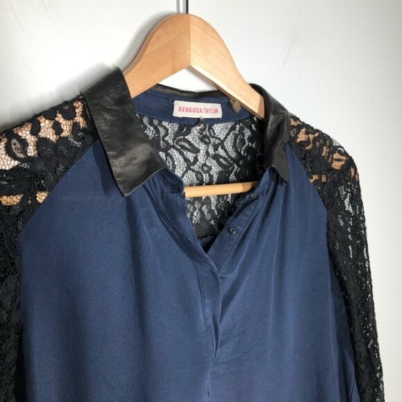 REBECCA Taylor Navy Silk Shirt with Black Lace Sleeves & Leather Collar Size 4 - Picture 2 of 6